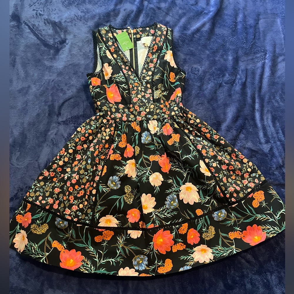 Kate Spade Black Floral mixed Blossom Fit & Flare sleeveless dress size 0